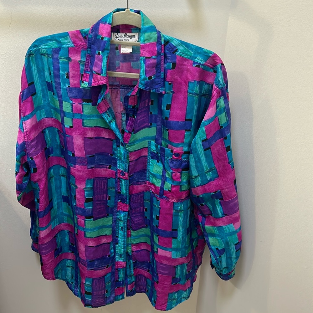 100% silk vintage,long sleeve blouse,sz L